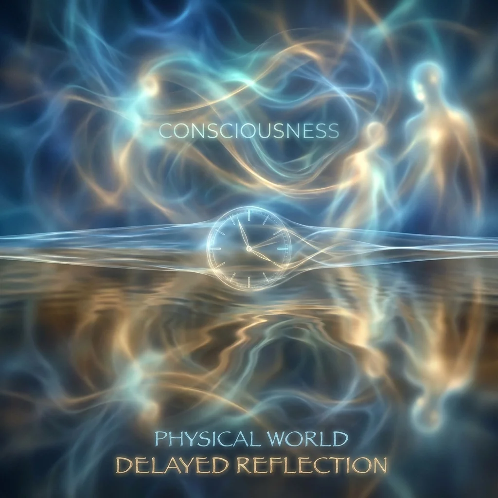 Abstract image showing physical reality as a delayed reflection of consciousness