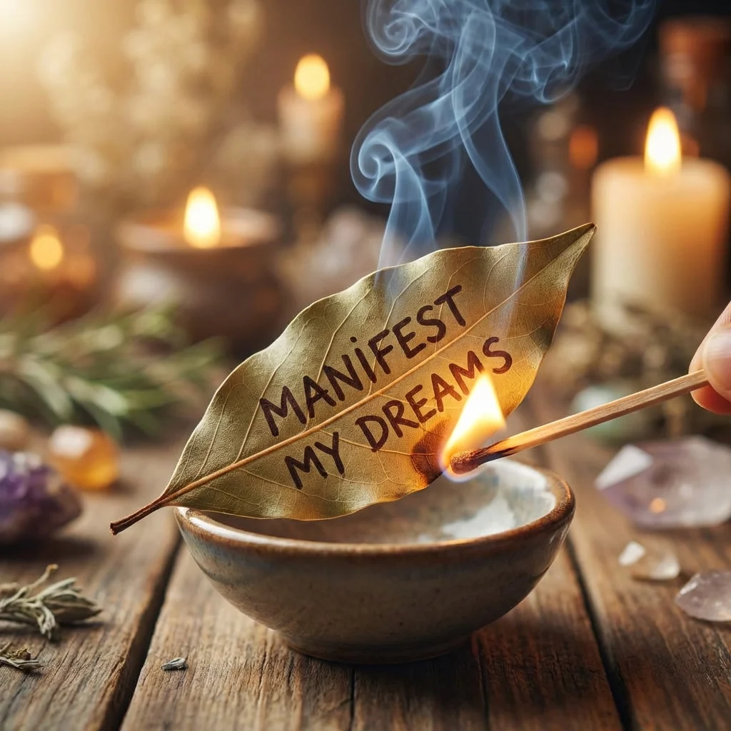 Bay leaf with written intention being burned for manifestation ritual