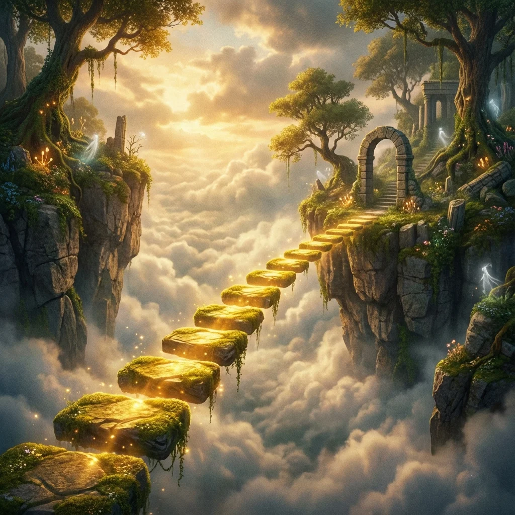 Golden bridge made of stepping stones representing manifestation journey