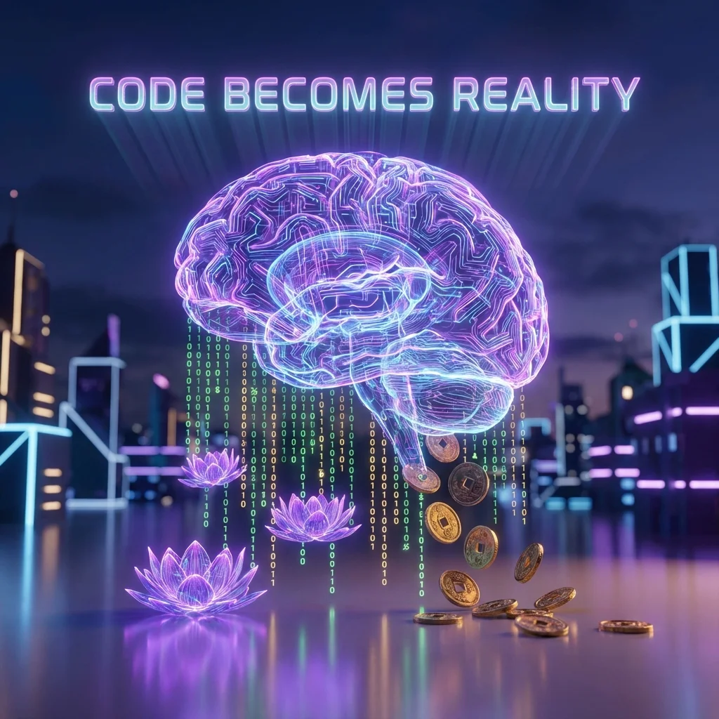 Cyberpunk spiritual brain with binary code transforming into flowers and gold coins