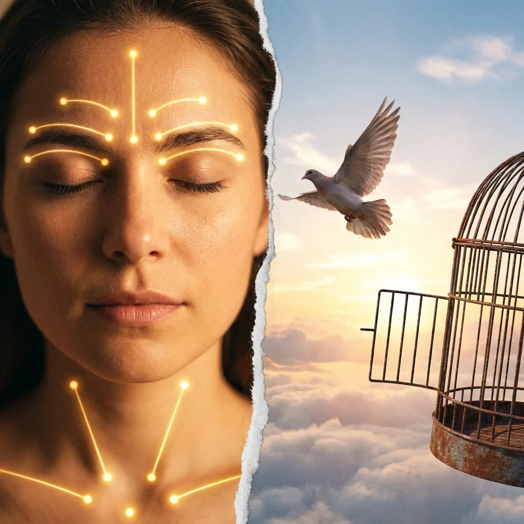 Split screen showing serene face with glowing meridian points and bird flying from open cage