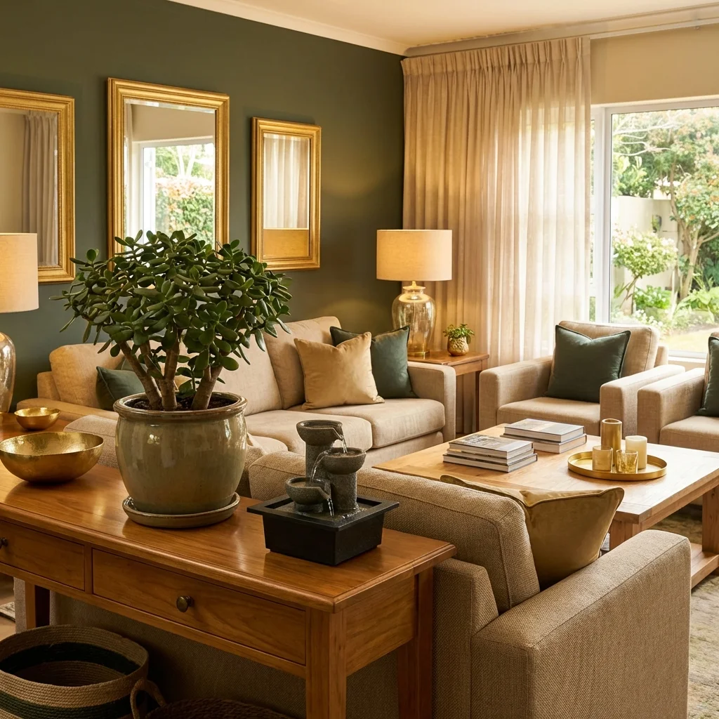 Harmonious living room with feng shui elements optimized for wealth manifestation