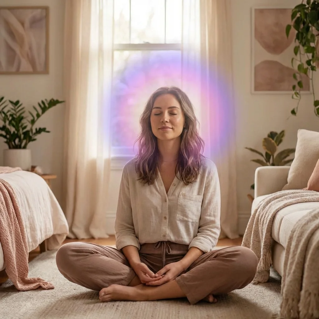 Person with eyes closed in peaceful meditation visualization