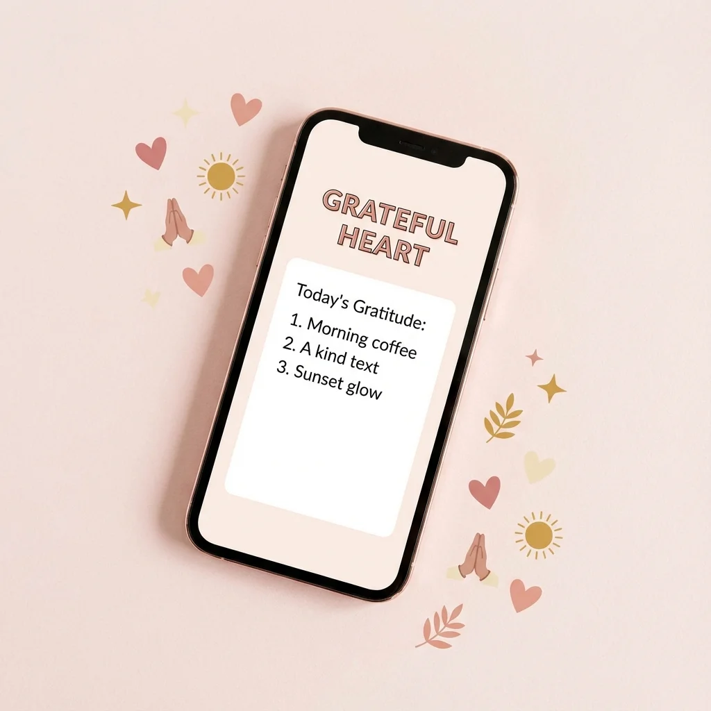 Smartphone showing gratitude journal app with manifestation features