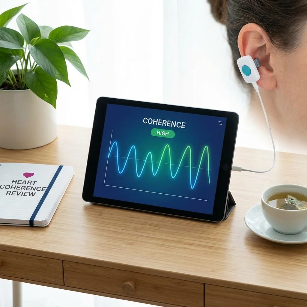 HeartMath device showing heart coherence biofeedback for manifestation practice