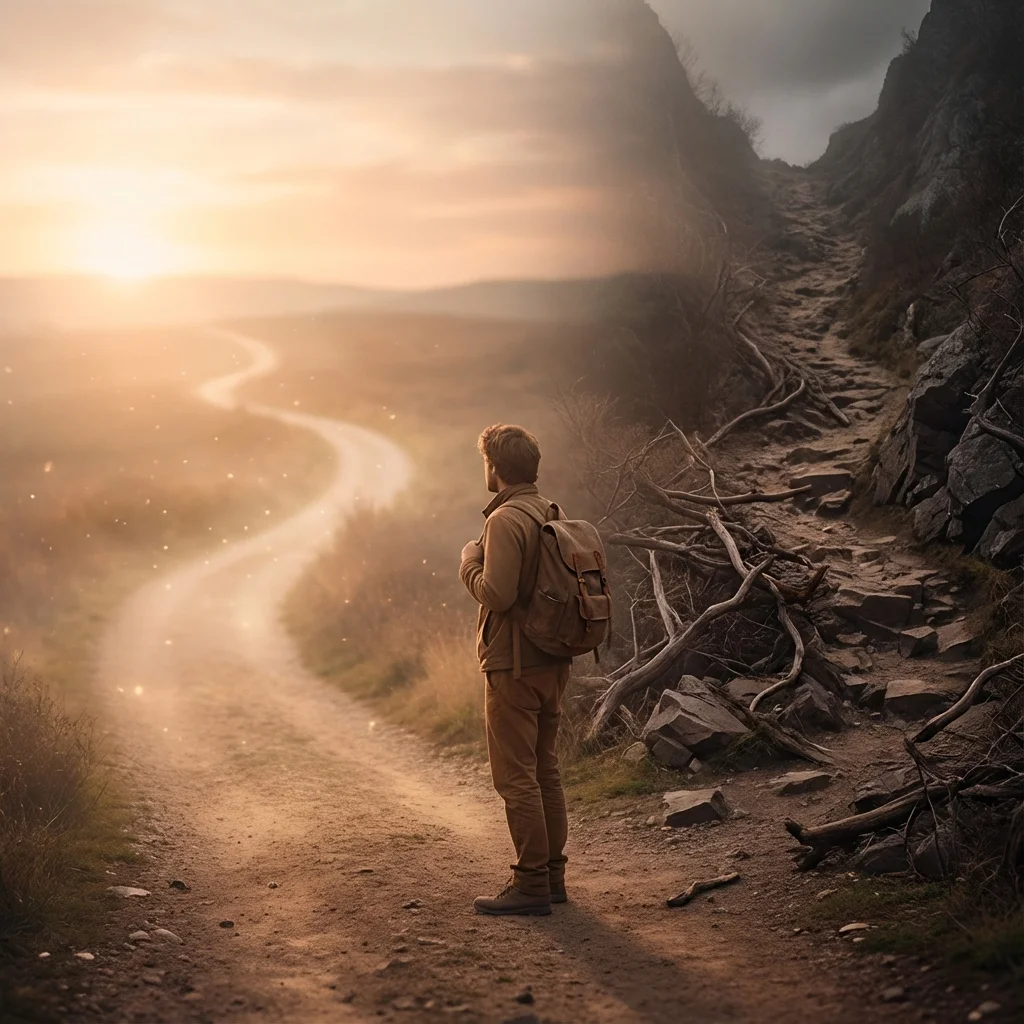 Person at a crossroads between effortless flow and forced struggle