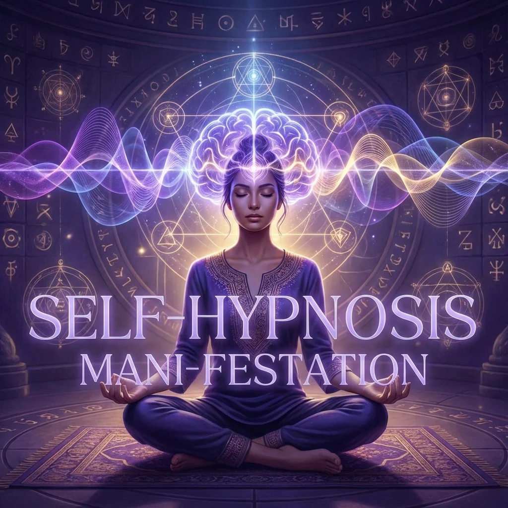 Person in meditative state with brain waves representing hypnosis and manifestation