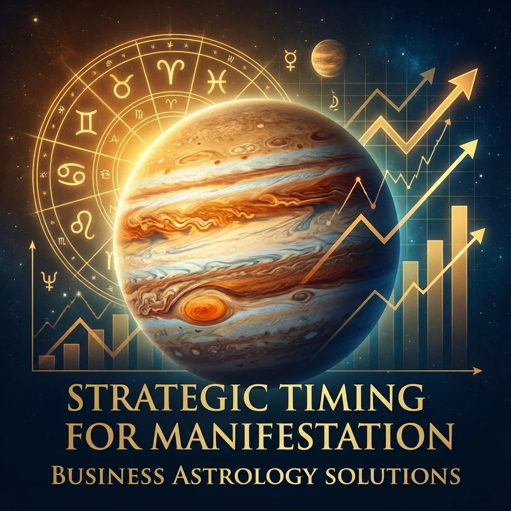 Jupiter planet with business charts representing strategic timing for manifestation