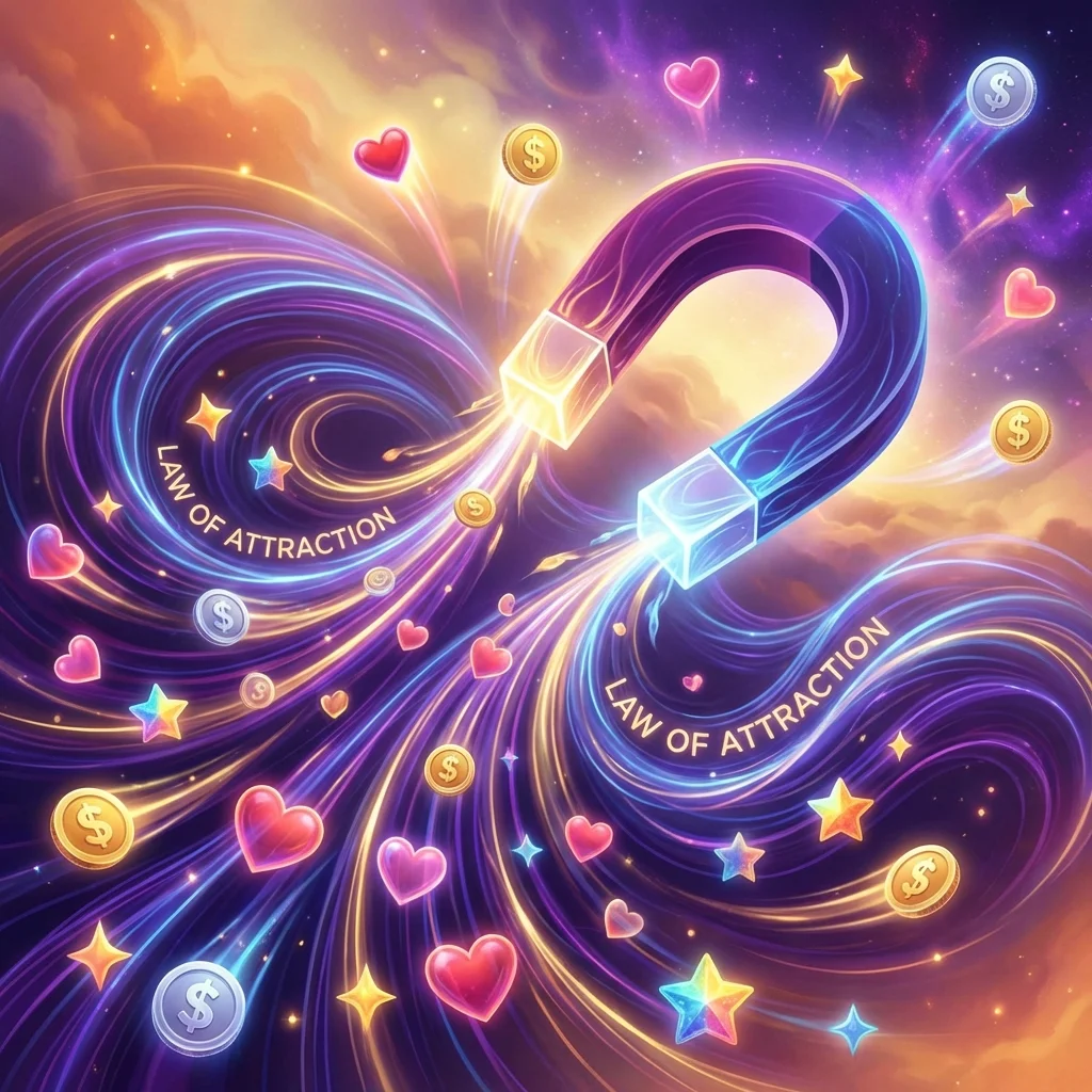 Magnet attracting positive energy symbols representing law of attraction