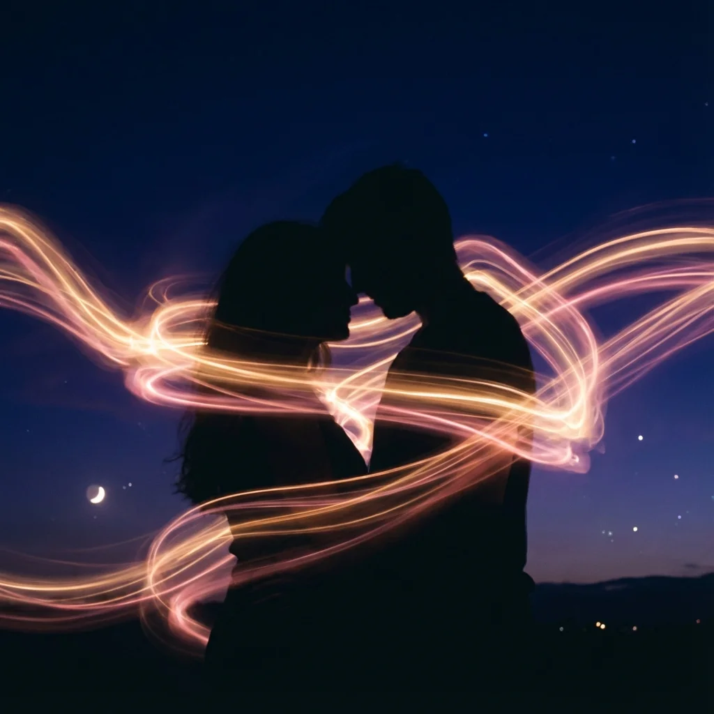 Two silhouettes connected by flowing energy representing love attraction