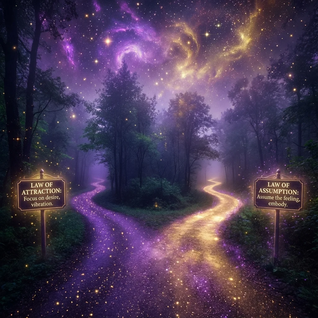 Two paths representing Law of Attraction and Law of Assumption approaches