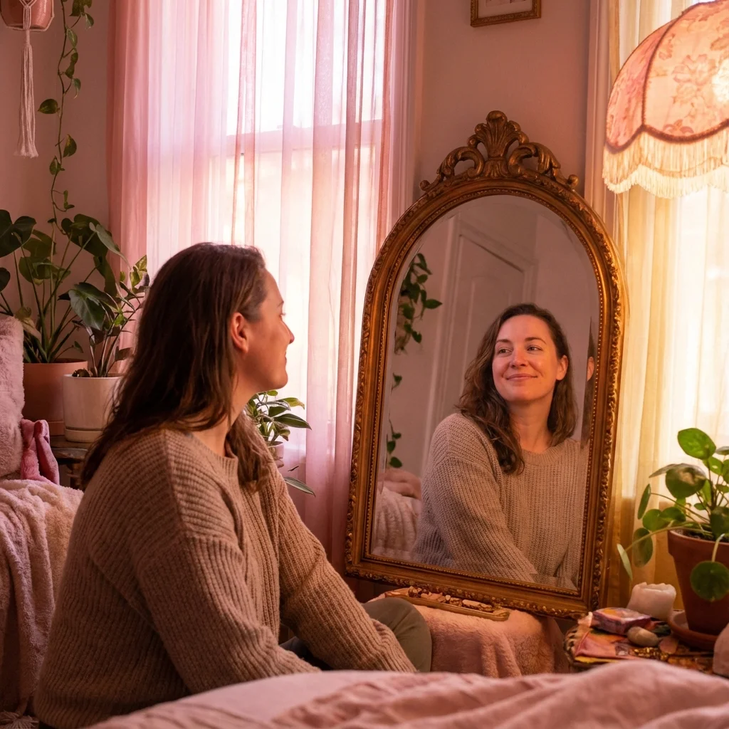 Person looking in mirror with loving self-acceptance reflected back