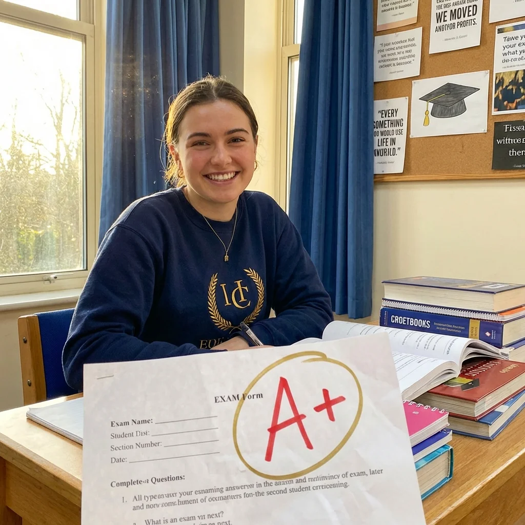 Student with confident energy surrounded by study materials and success symbols