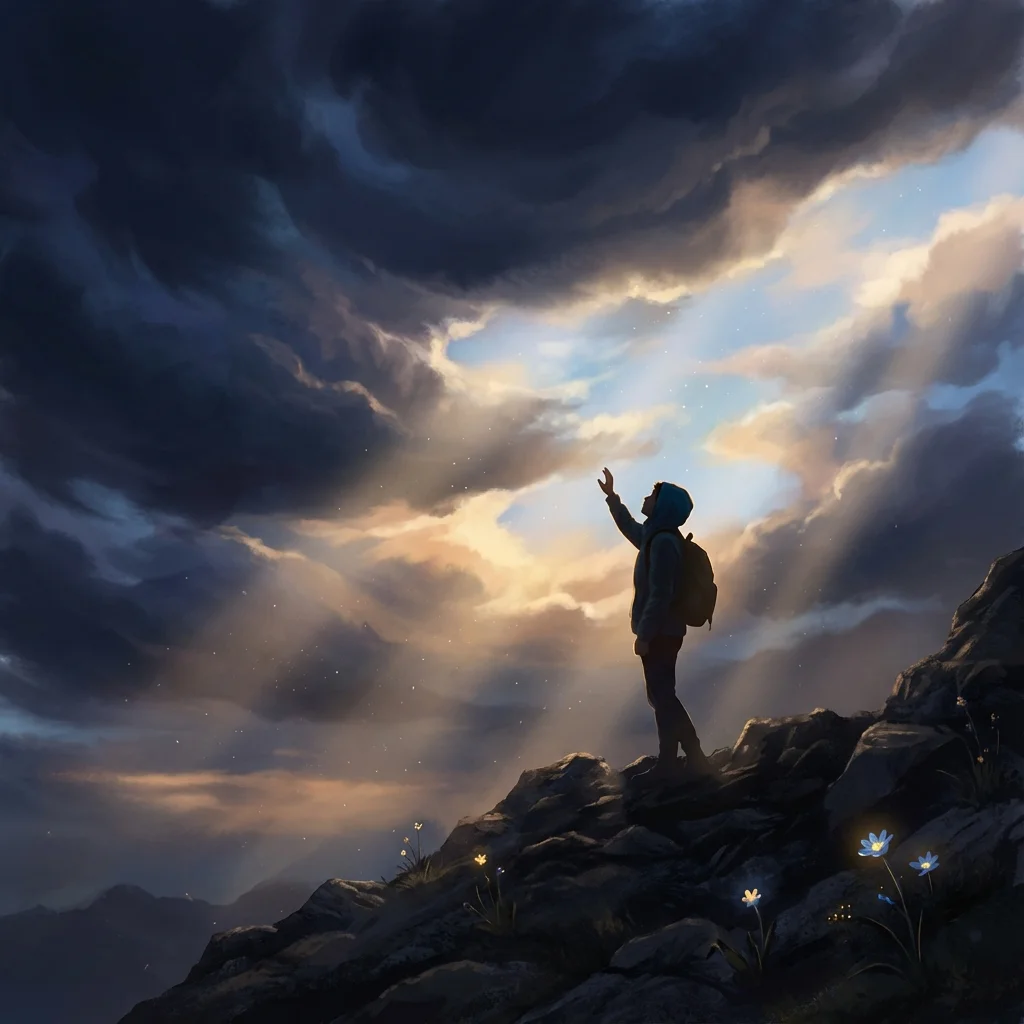 Person overcoming doubt with light breaking through clouds