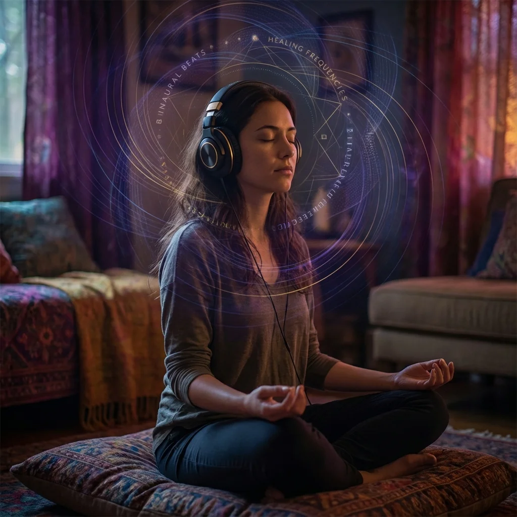 Person wearing headphones in meditative state with sound waves