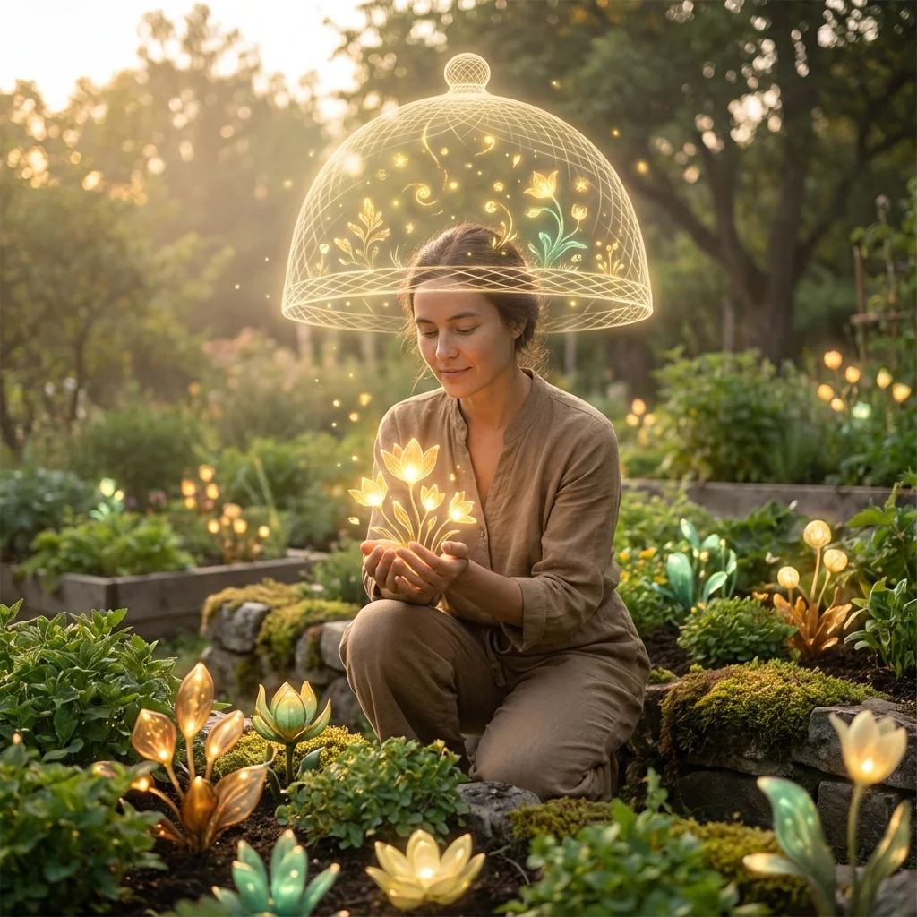Person cultivating positive thoughts like tending a garden