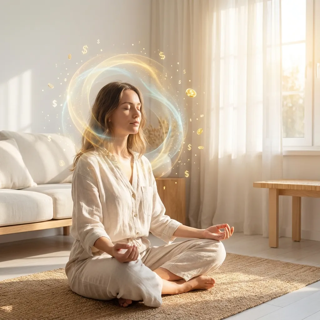 Person meditating with golden abundance energy