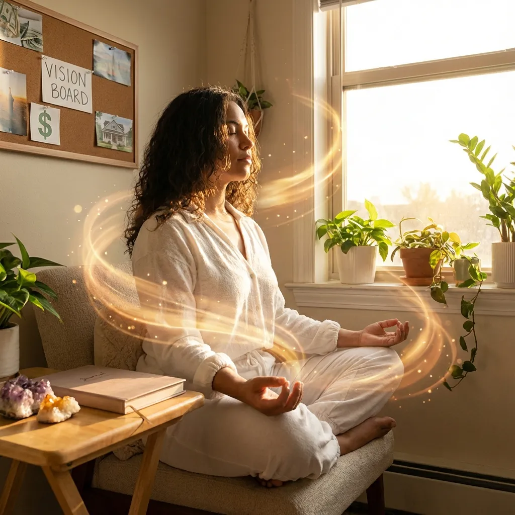 Person practicing morning affirmations at sunrise