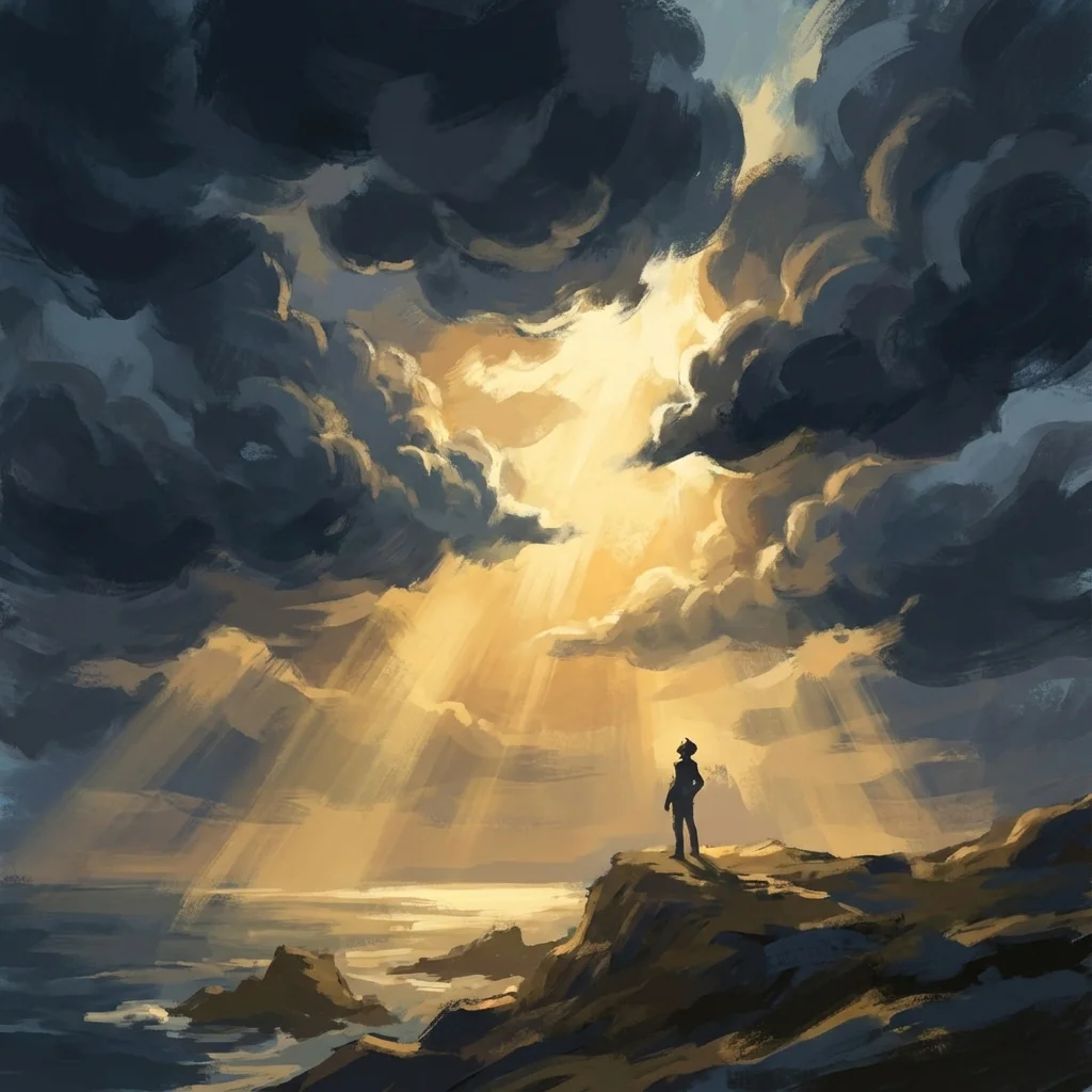Dark clouds parting to reveal light representing emotional balance in manifestation