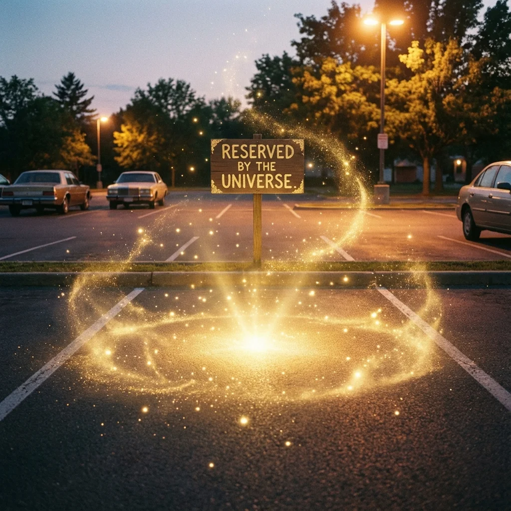 Empty parking space with magical golden glow representing manifestation