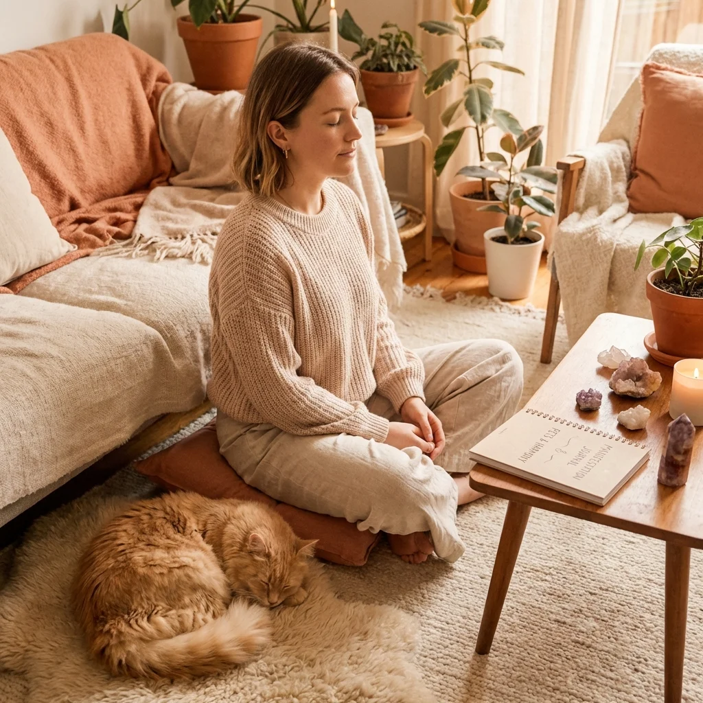 Person meditating peacefully with cat or dog representing pets and manifestation