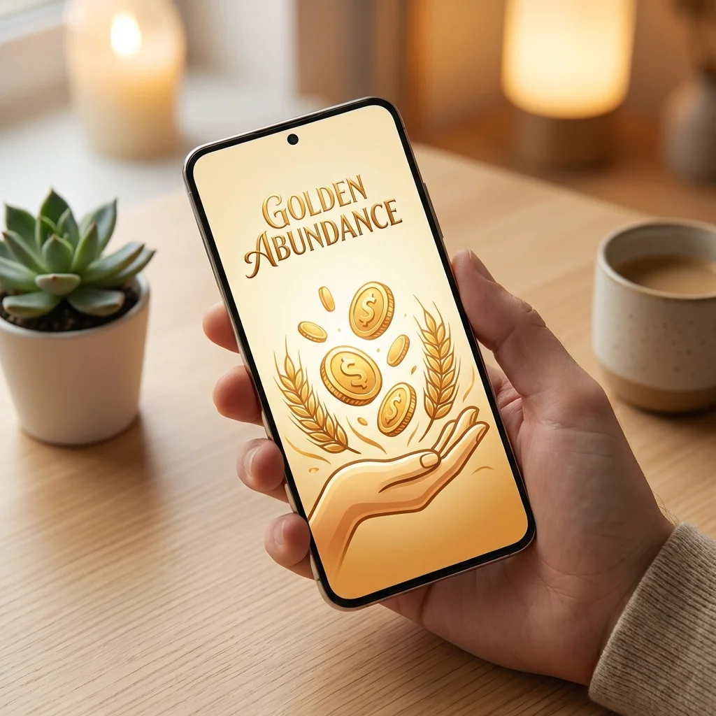 Smartphone displaying wealth-attracting wallpaper with golden abundance imagery