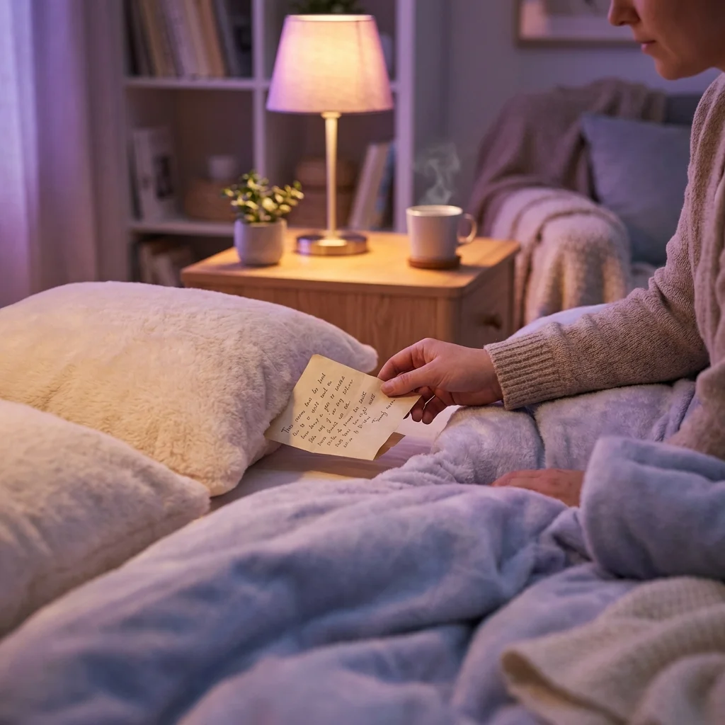Person placing written intention under pillow before sleep