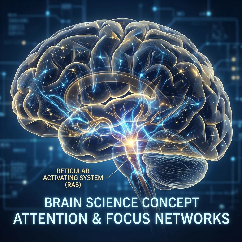 Brain diagram highlighting the reticular activating system and focus patterns