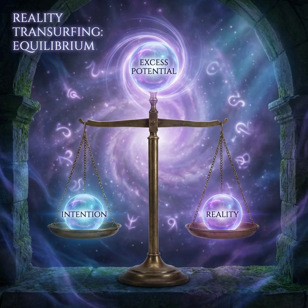 Balanced scales representing elimination of excess potential in manifestation