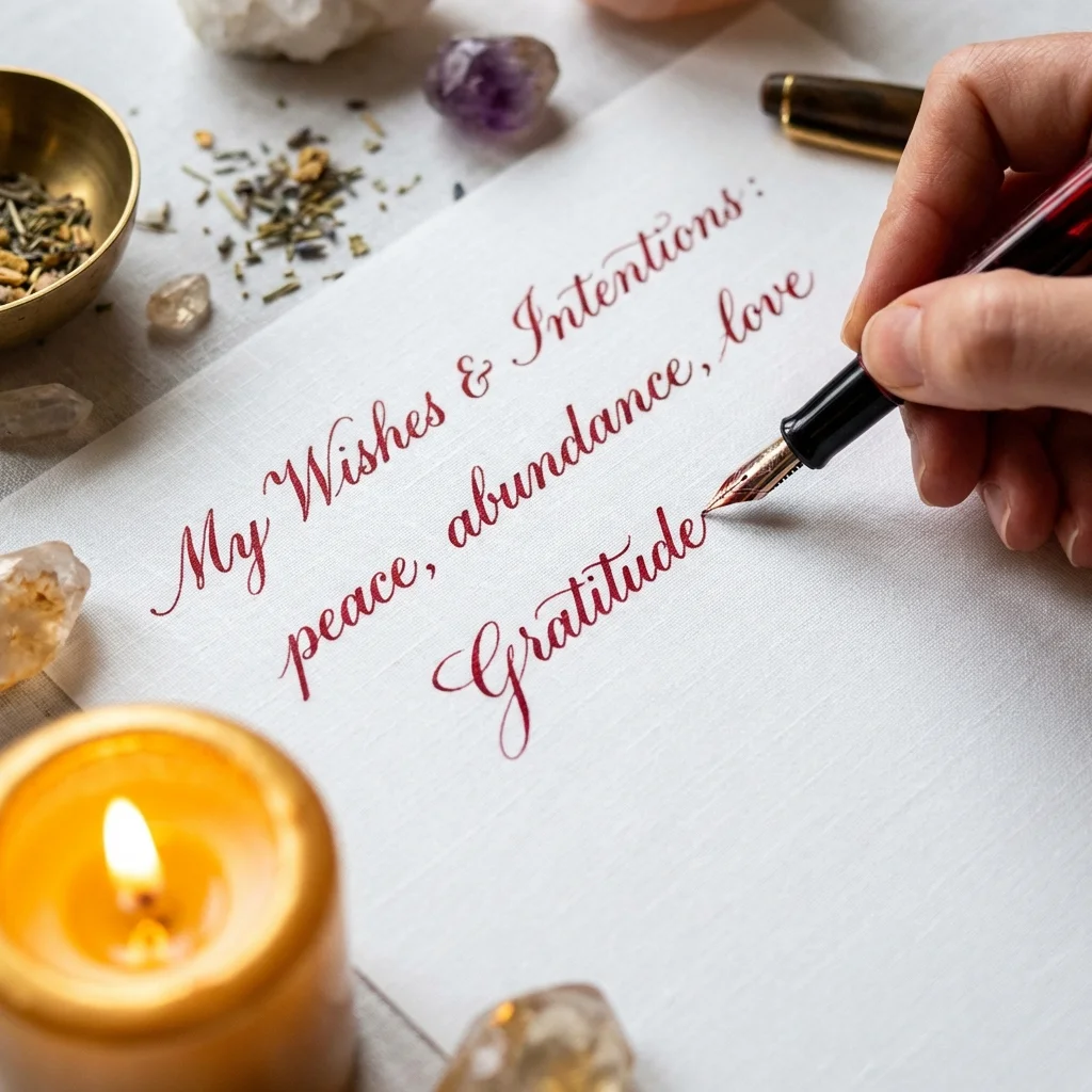 Red pen writing wishes and intentions on paper