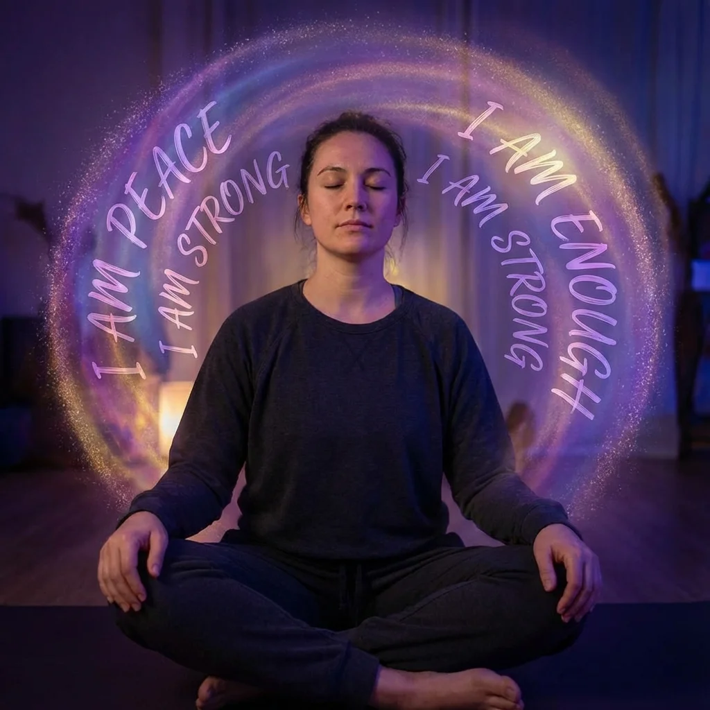 Person repeating affirmations with focused intention and energy