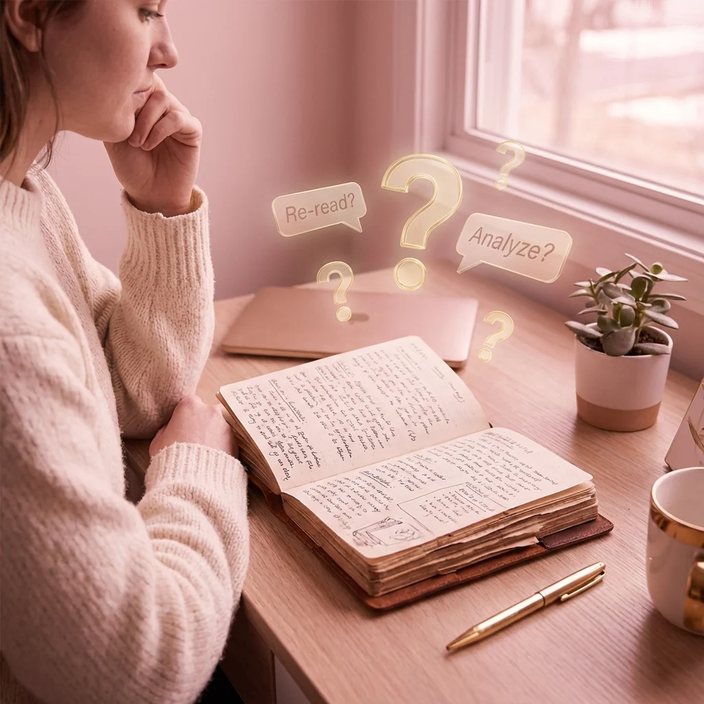 Person writing in manifestation journal with question about re-reading