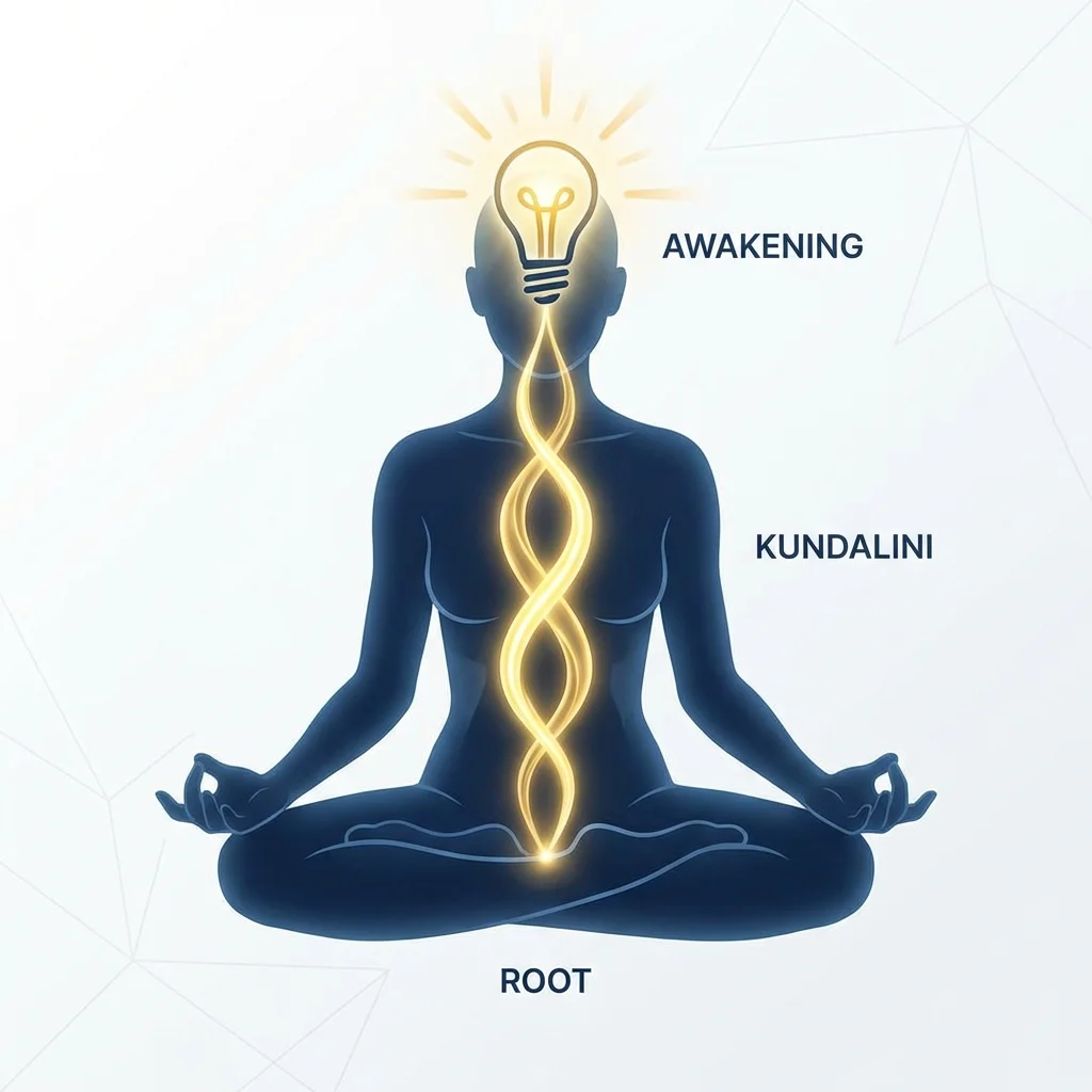 Silhouette meditating with golden Kundalini energy rising up the spine