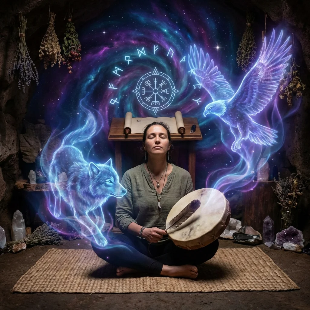 Shamanic journeying visualization with spirit guides representing soul mission discovery
