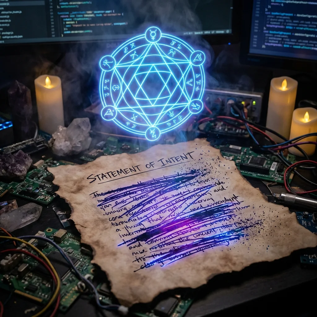 Glowing neon blue sigil floating above an old parchment with crossed out text
