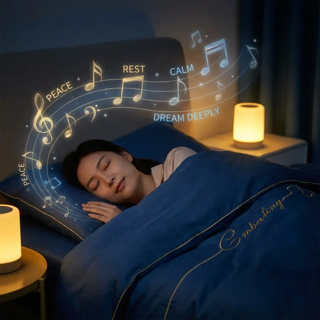 Person sleeping peacefully with headphones playing affirmation audio