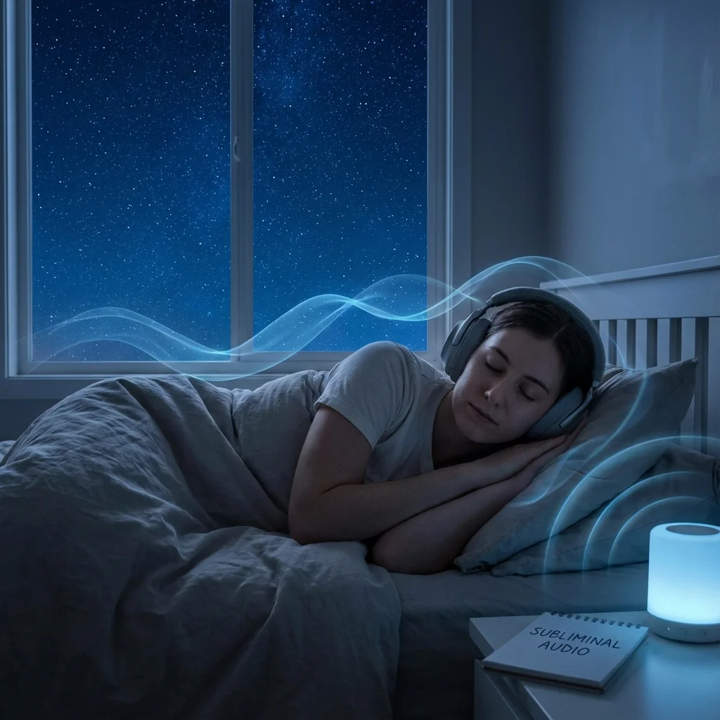 Person sleeping peacefully with headphones representing overnight subliminals