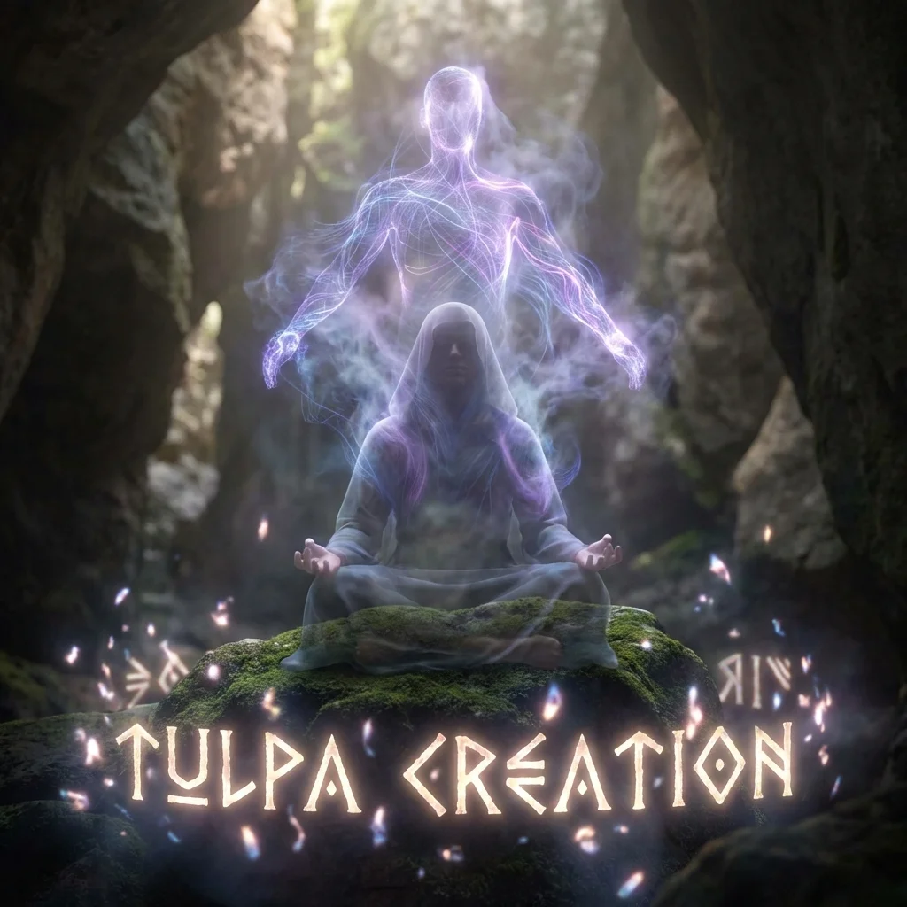 Ethereal thought-form figure emerging from meditation representing tulpa creation
