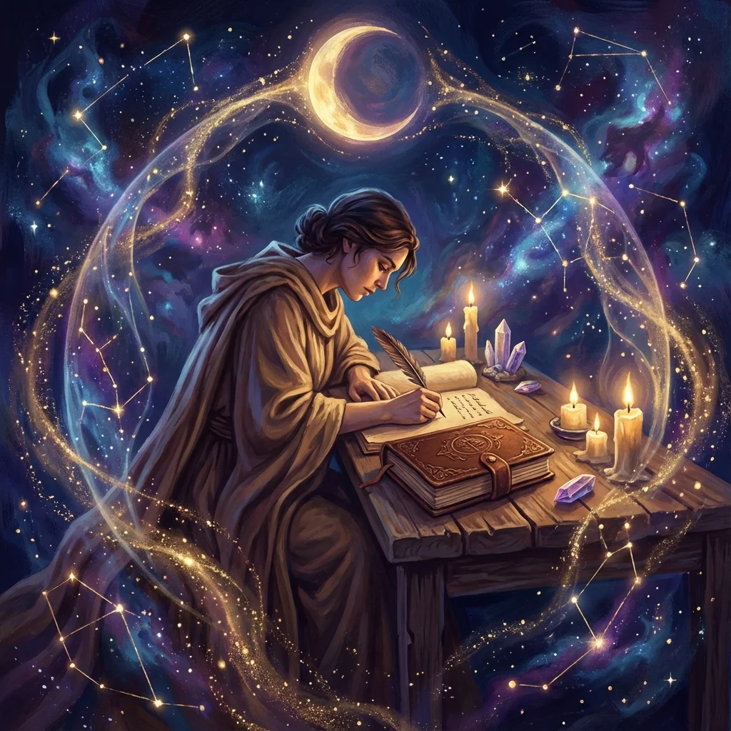 Person writing cosmic order in journal with universal energy