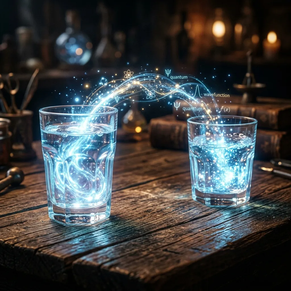 Two clear glasses of water on a rustic wooden table. Magical glowing water, quantum jumping concept.
