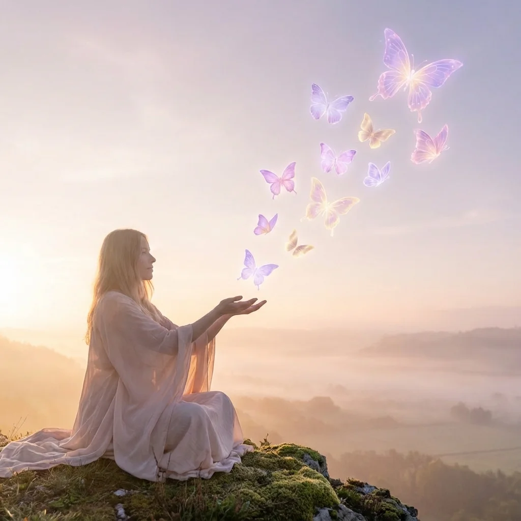 Person releasing light particles representing manifestation detachment