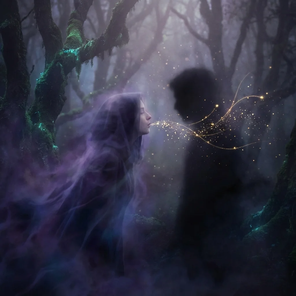 Ethereal figure whispering with golden energy representing the whisper method
